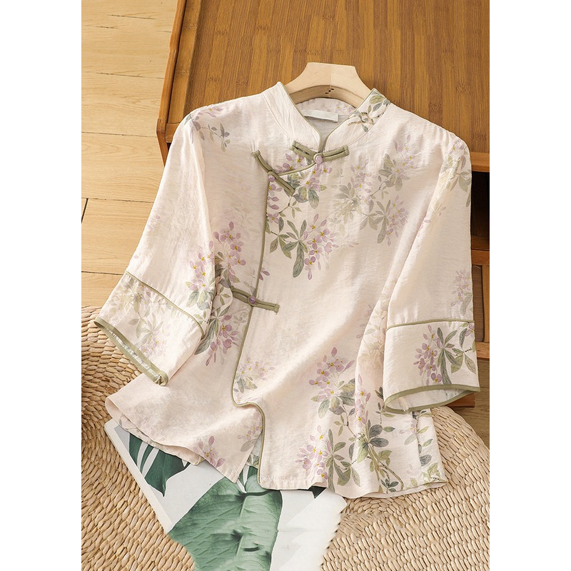 Classy Apricot Button Print Linen Blouse Half Sleeve