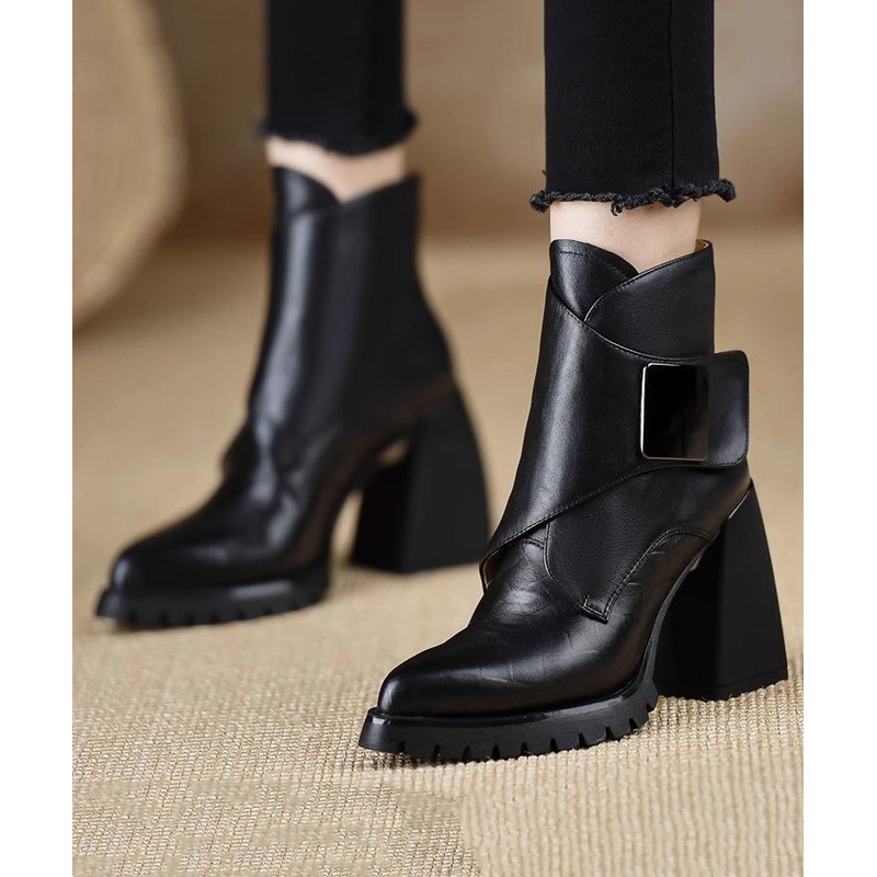 Classy Black Splicing Chunky Heel Ankle Boots