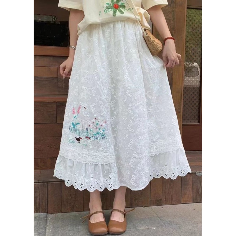 Classy White Embroideried Elastic Waist Cotton Skirt Summer