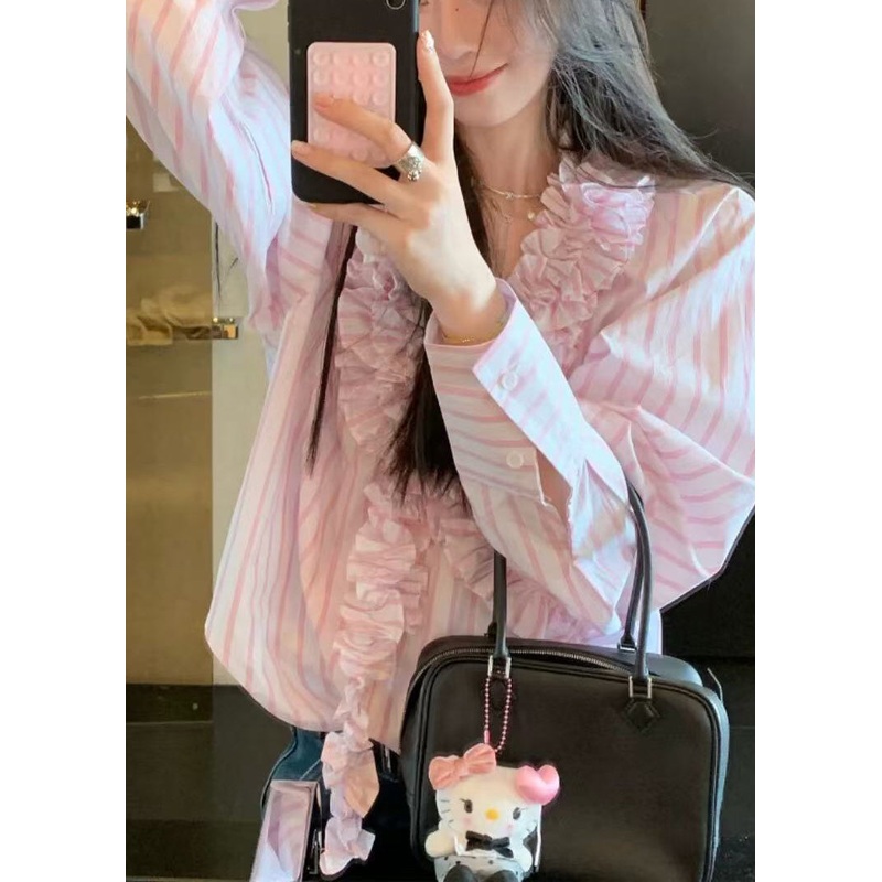 Cute Pink V Neck Ruffled Striped Shirts Spring