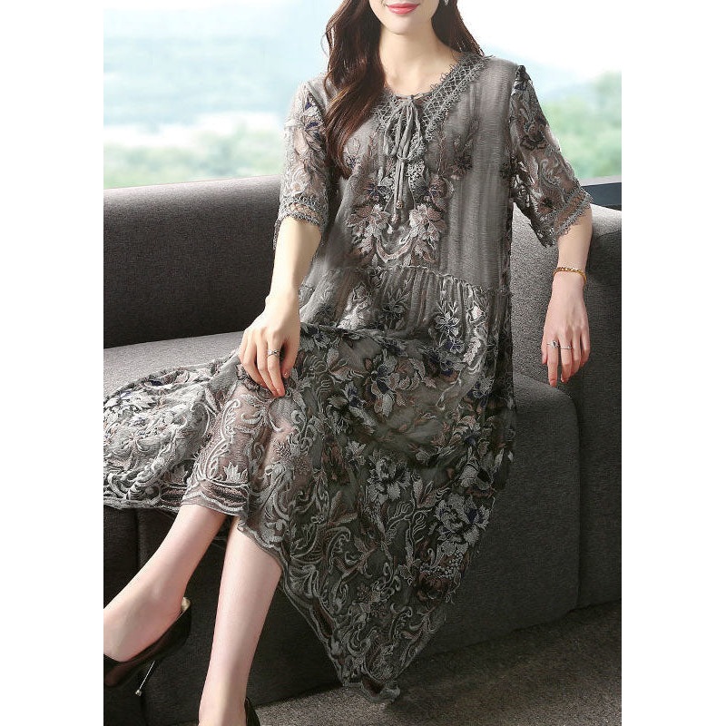 Diy Grey V Neck Embroideried Patchwork Silk Mid Dresses Summer