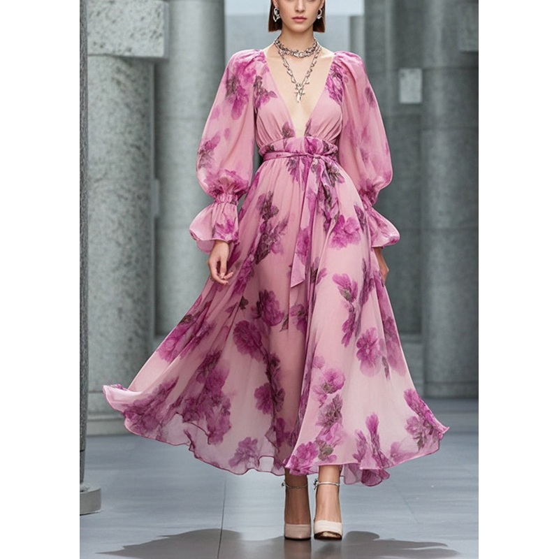 Diy Pink Deep-V Neck Print Chiffon Vacation Dresses Fall