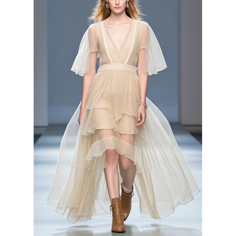 Elegant Apricot Asymmetrical Design Silk Holiday Dress Cloak Sleeves