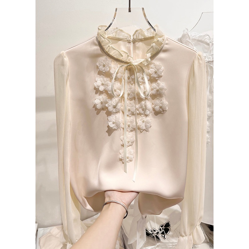 Elegant Apricot Ruffled Lace Up Chiffon Shirt Long Sleeve