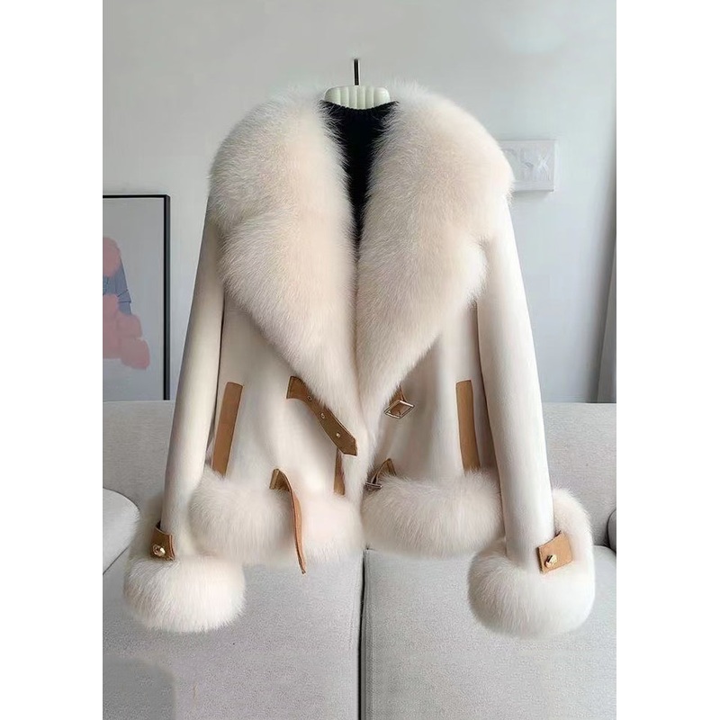 Elegant Beige Fur Collar Patchwork Woolen Coat Winter