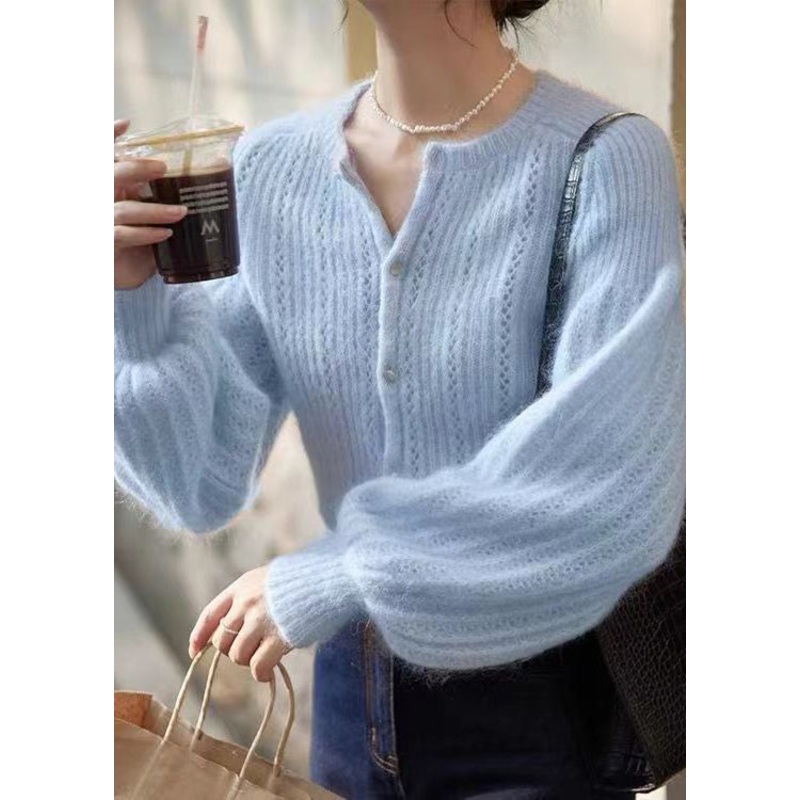 Elegant Blue Button Hollow Out Ma Hai Mao Sweaters Lantern Sleeve