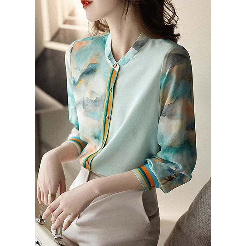 Elegant Blue Print Button Silk Blouses Spring