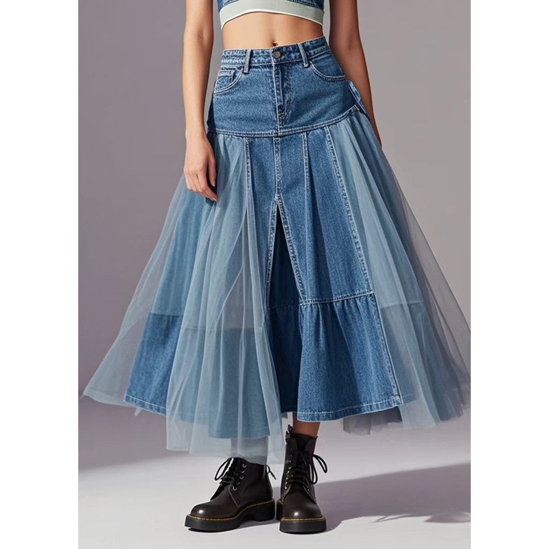 Elegant Blue Tulle Patchwork Exra Large Hem Denim Skirts Spring