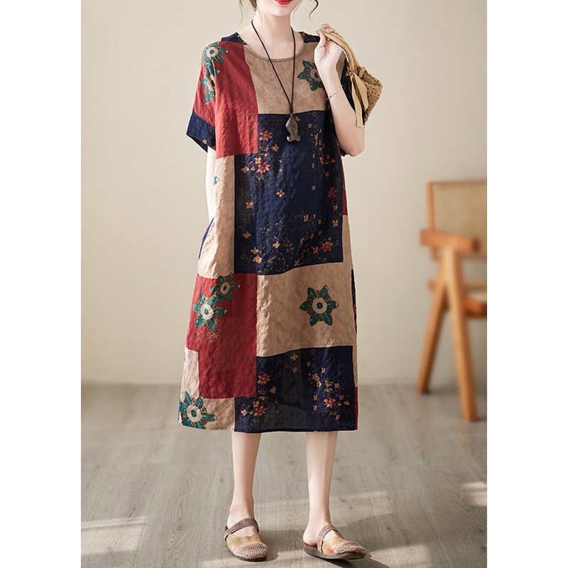 Elegant Colorblock Print Maxi Dresses Short Sleeve