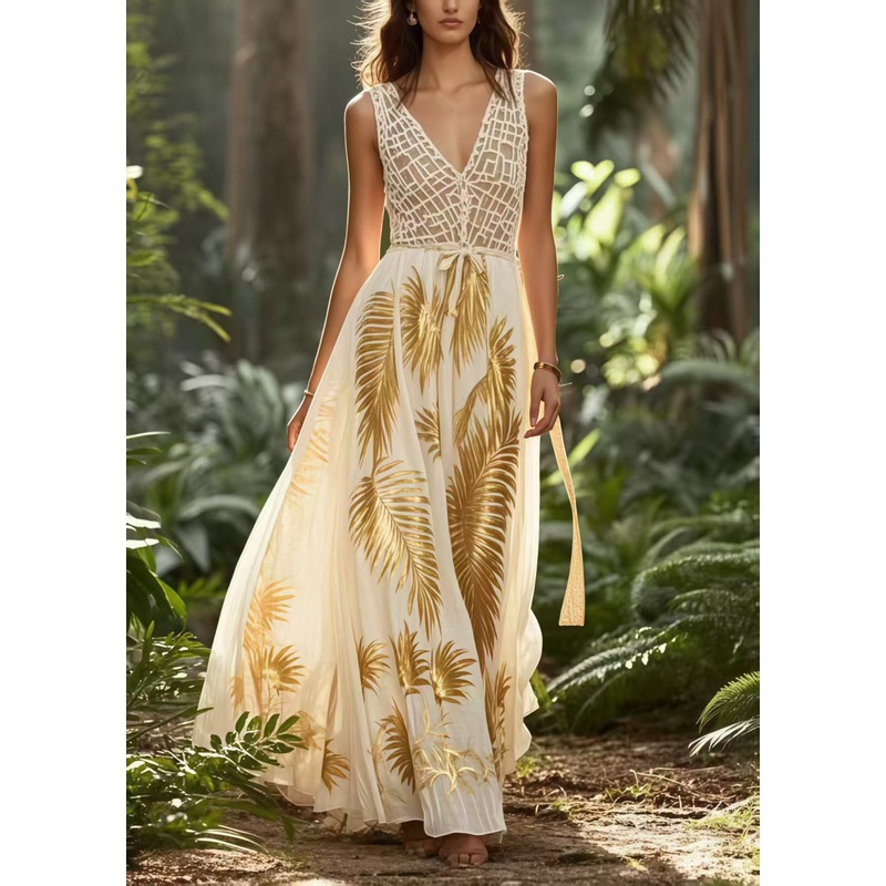 Elegant Golden Print Exra Large Hem Chiffon Vestidos Dress Summer