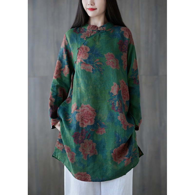 Elegant Green Button Print Linen Mid Dress Long Sleeve