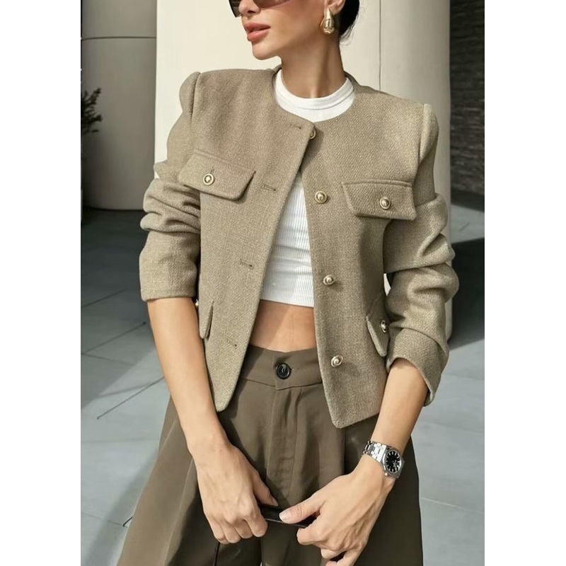 European And American Style Green O Neck Button Short Coat Spring