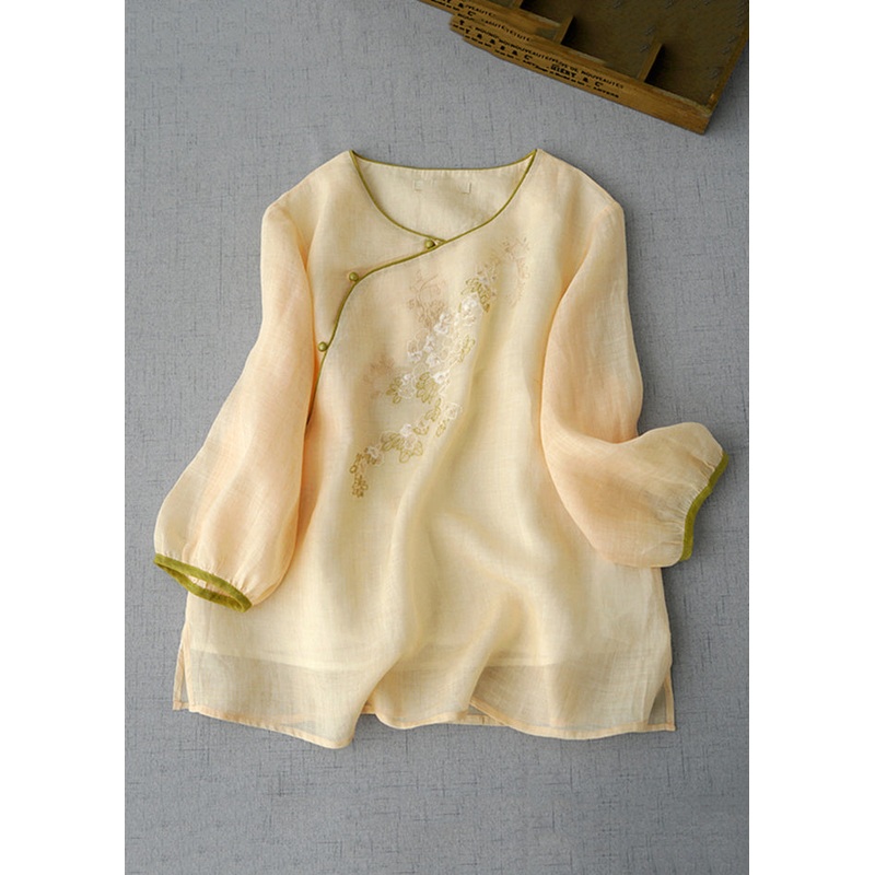 Fashion Apricot Embroidered Patchwork Button Shirt Summer