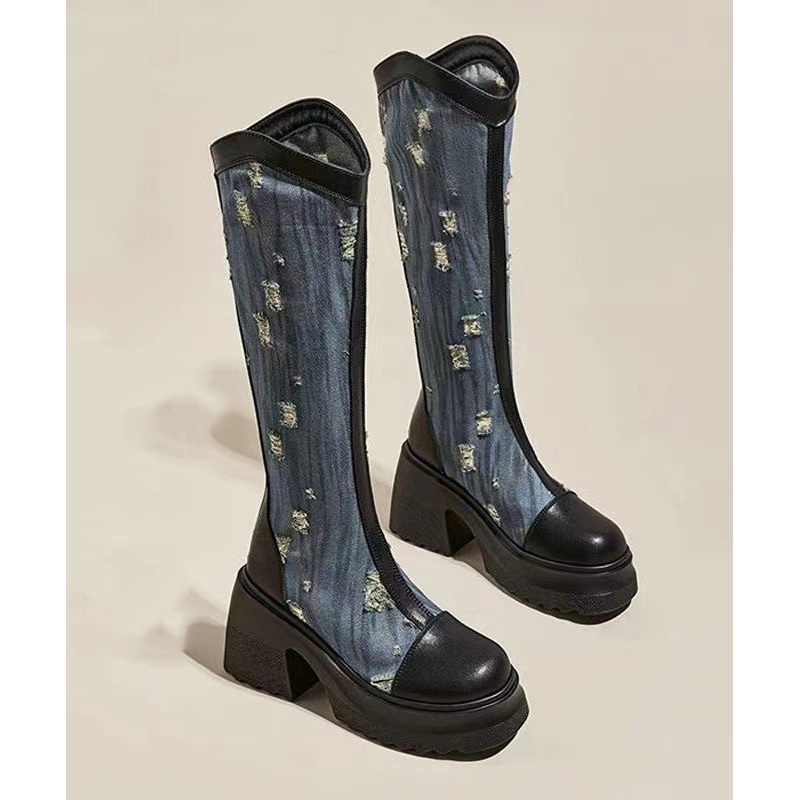 Fashion Black Cotton Zipper Splicing Hollow Out Chunky Cowboy Boots