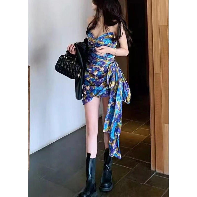 Fashion Blue Printed Bow Ribbon Party Dress Sleeveless