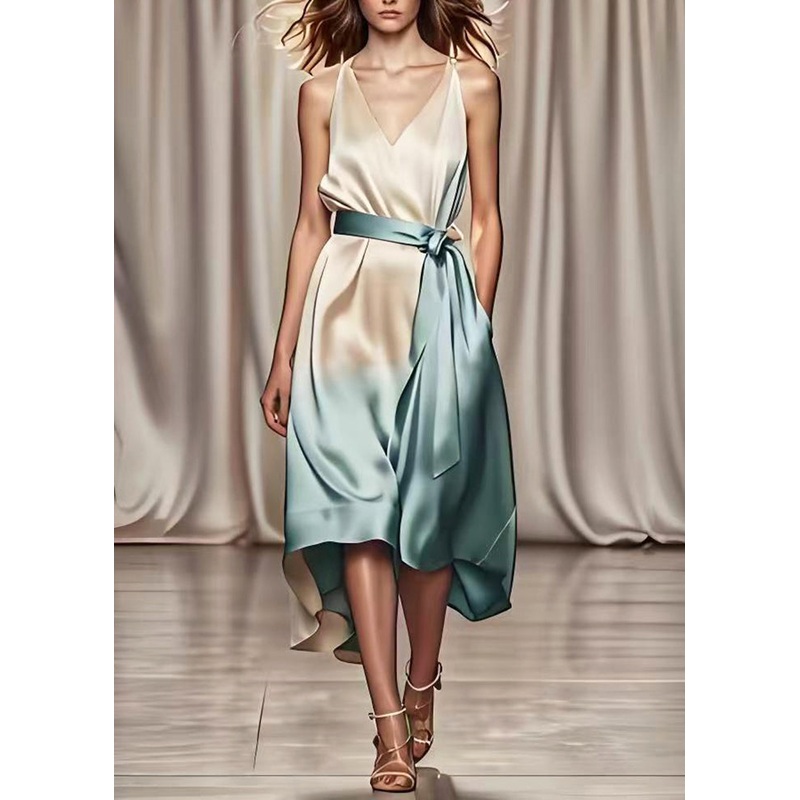 Fashion Gradient Color Tie Waist Draping Silk Maxi Dresses Summer