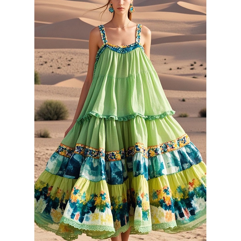 Fashion Green Oversized Print Exra Large Hem Cotton Sundress Summer