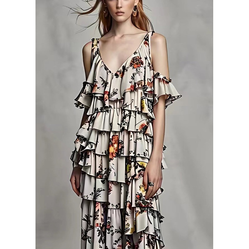 Fashion Grey Cold Shoulder Print Silk Long Dresses Summer