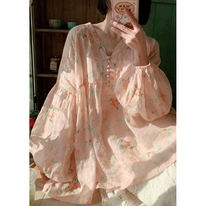 Fashion Pink V Neck Button Print Patchwork Cotton Top Lantern Sleeve