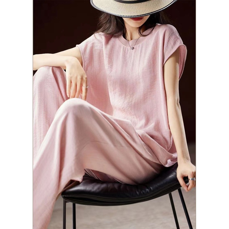 Fine Pink O-Neck Top And Wide Leg Pants Silk Linen Two Pieces Set Summer