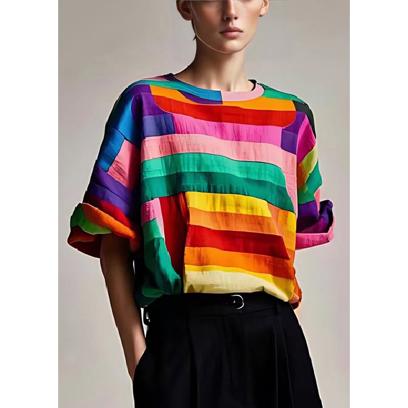 Fitted Multicolour Striped Patchwork Cotton Tank Summer