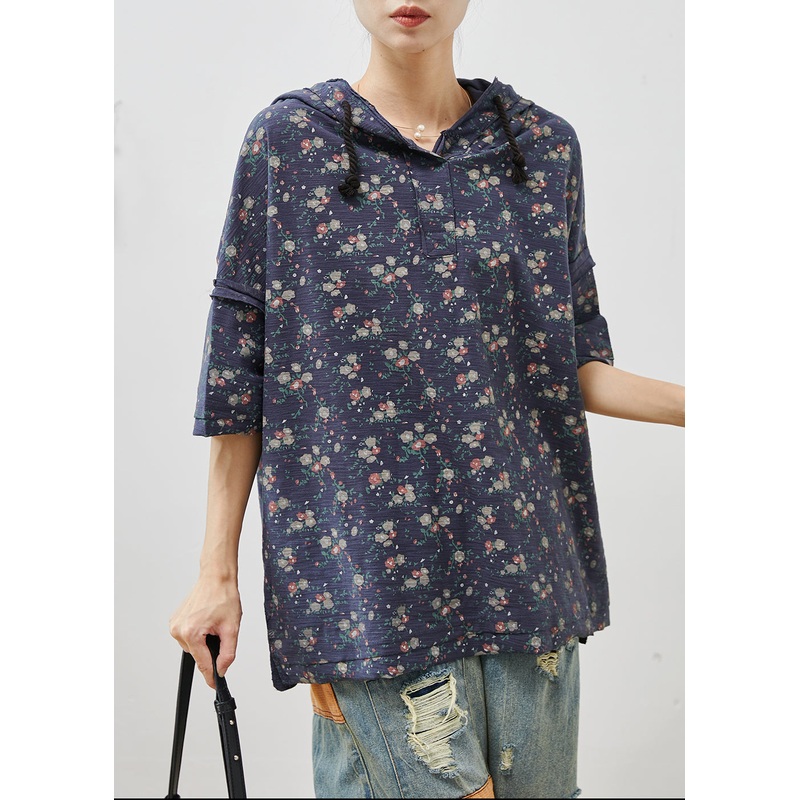 Fitted Navy Hooded Print Cotton Loose Sweatshirt Summer