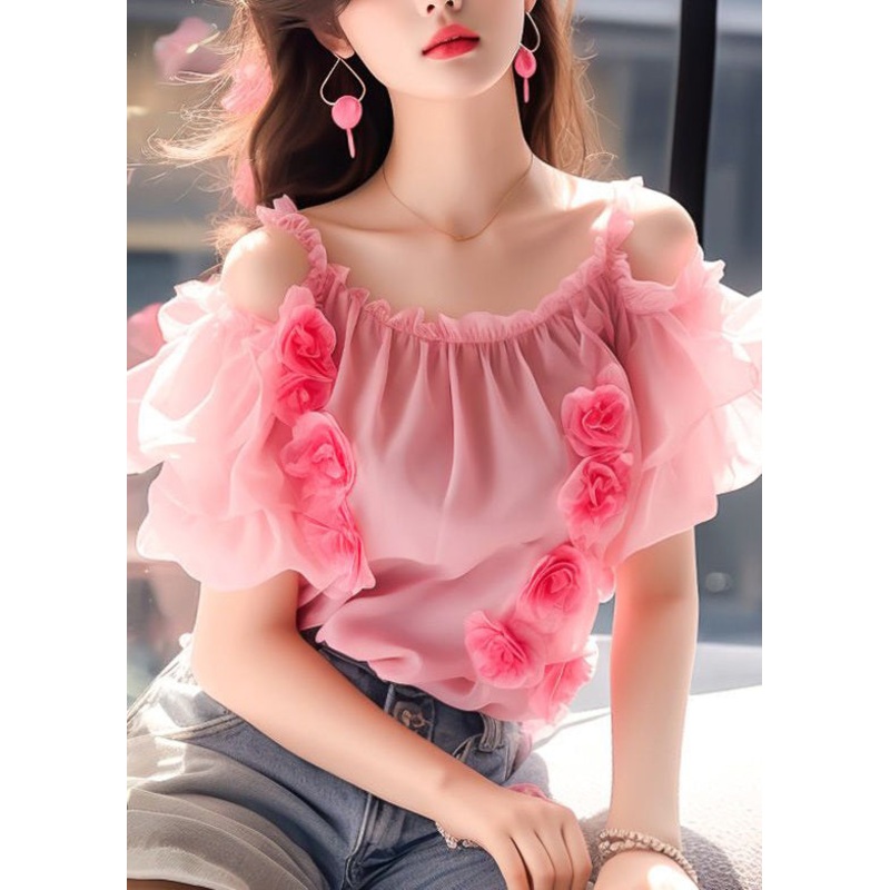 Floral Pink Ruffled Wrinkled Chiffon Top Short Sleeve