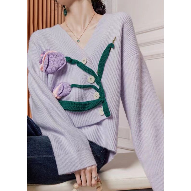 Floral Purple Asymmetrical Button Knit Cardigan Winter