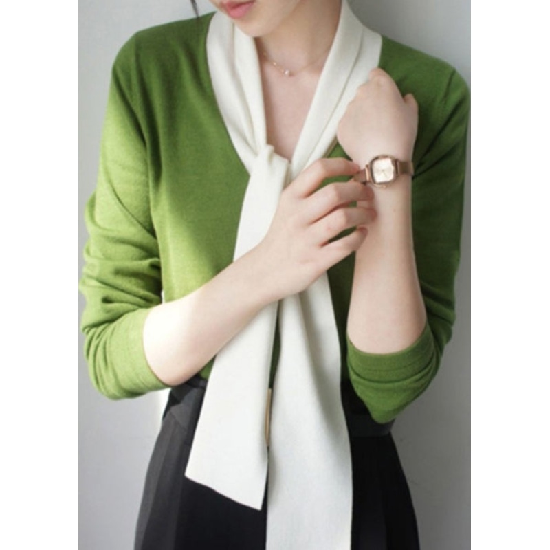 French Avocado Green Bow Lace Up Patchwork Cozy Top Long Sleeve