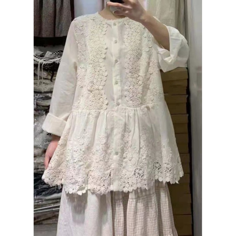 French Beige Button Lace Patchwork Cotton Shirt Long Sleeve