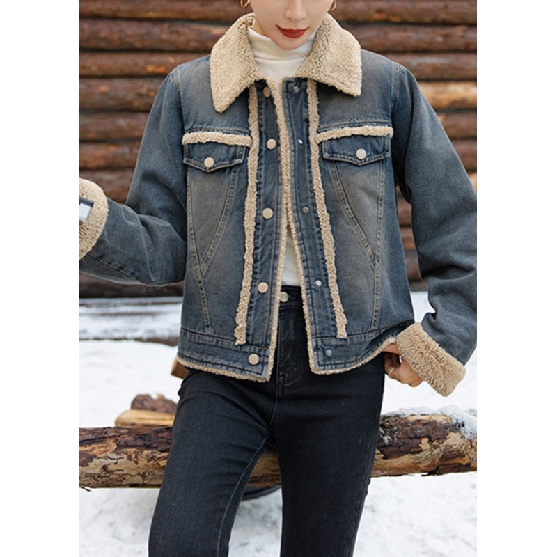 French Beige Button Patchwork Warm Fleece Coats Winter