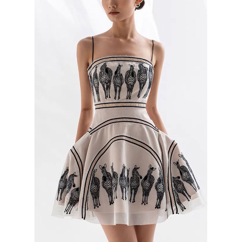 French Beige Embroidered Zippered Cotton Spaghetti Strap Dress Sleeveless