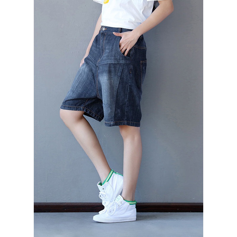 French Black Elastic Waist Cotton Straight Pants Shorts Summer