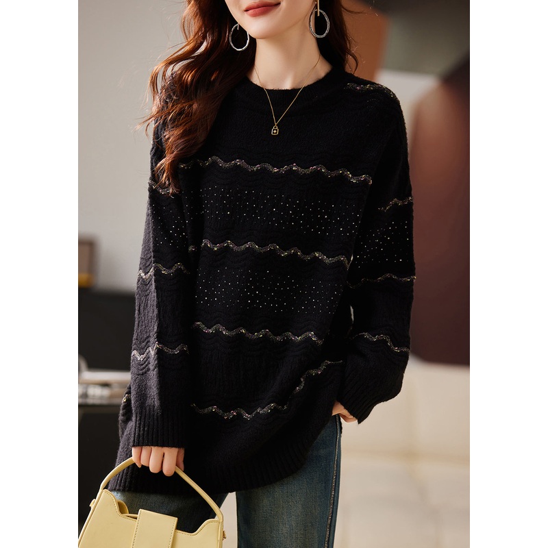 French Black Oversized Thick Knit Short Sweater Winter