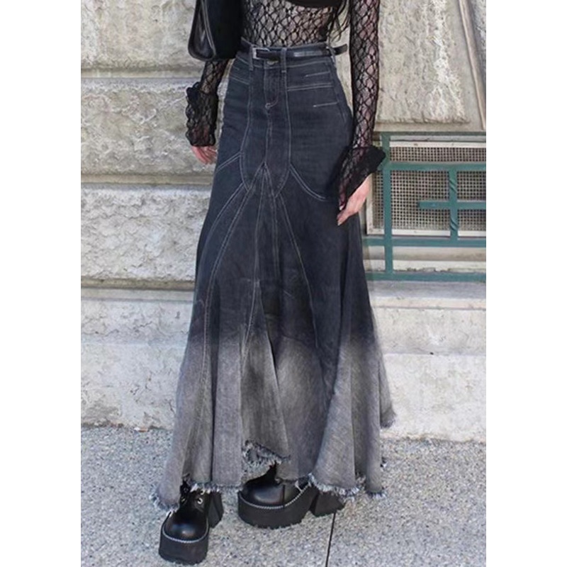 French Black Zippered High Waist Denim Fishtail Skirt Fall