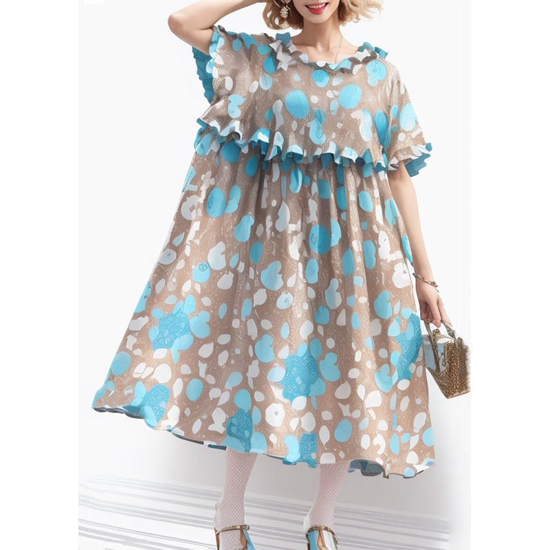 French Blue Ruffled Print Cotton Long Dresses Short Sleeve