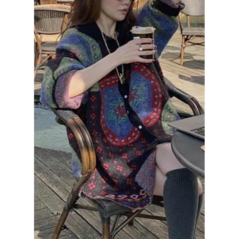 French Colorblock Button Patchwork Cotton Knit Coats Long Sleeve