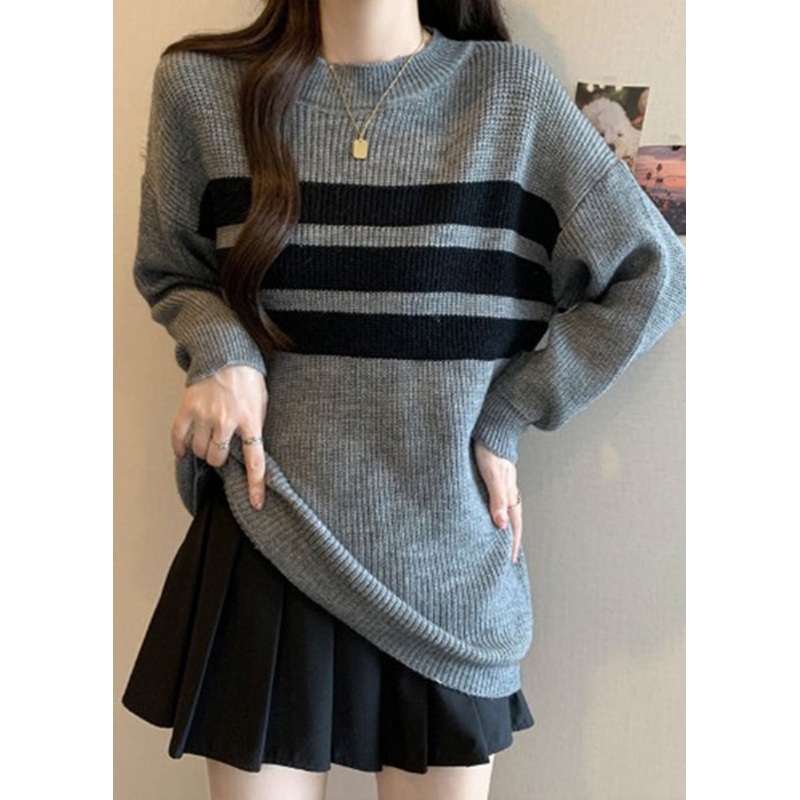 French Grey Oversized Striped Knit Tops Fall