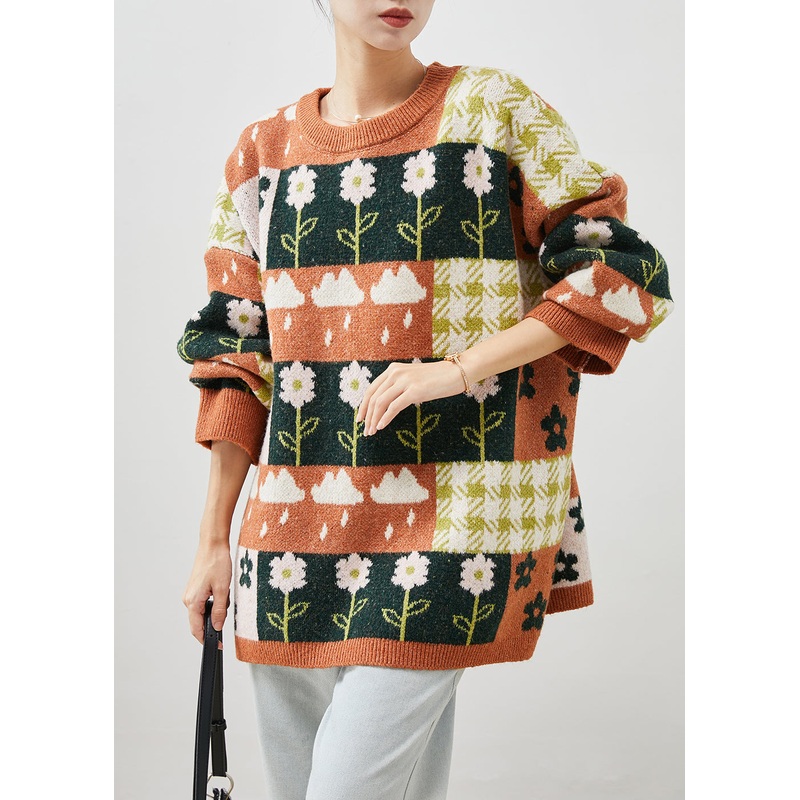 French Khaki Print Chunky Knit Short Sweater Winter