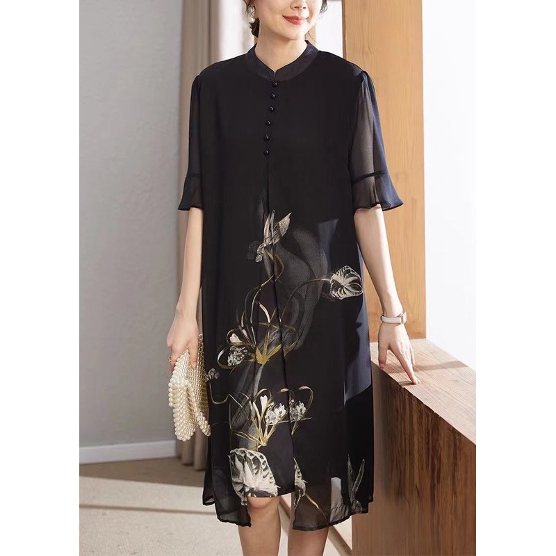 French Navy Print False Chiffon Two Pieces Dress Half Sleeve