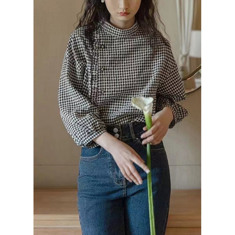 French Plaid Stand Collar Ruffled Cotton Shirt Long Sleeve