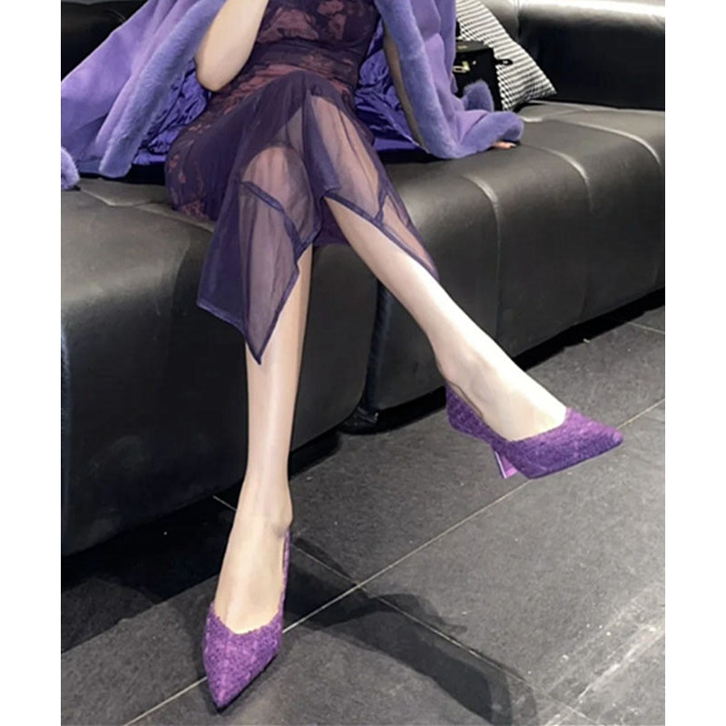 French Purple Boutique Splicing High Heels Pointed Toe