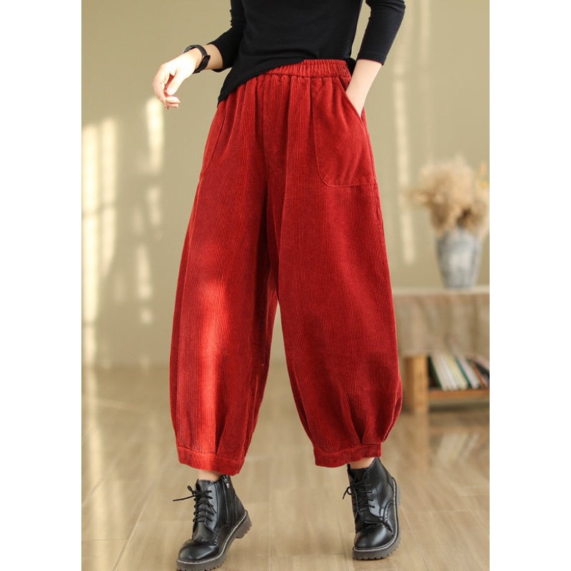 French Red Pockets Elastic Waist Corduroy Crop Pants Fall