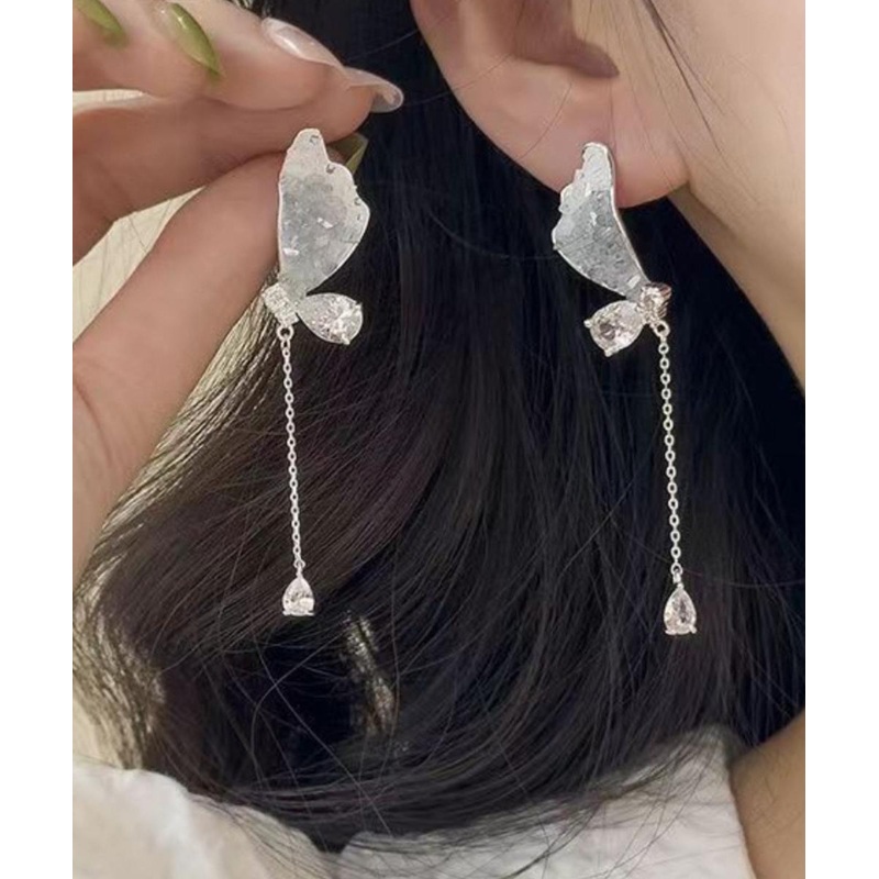 Gradient Color Blue Copper Zircon Crystal Butterfly Tassel Drop Earrings