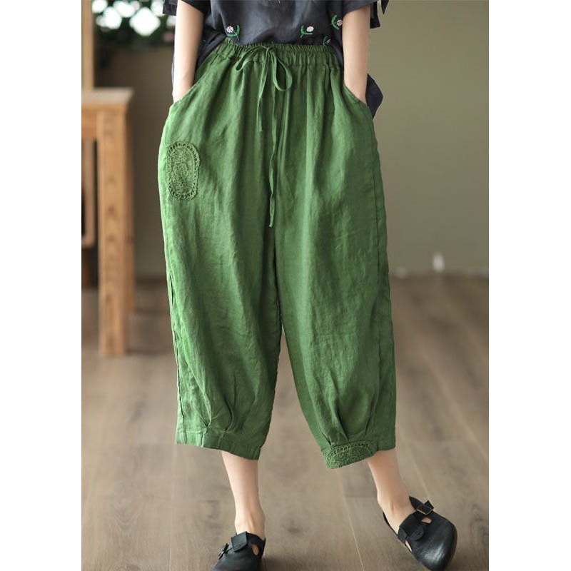 Green Pockets Linen Crop Pants Embroideried Summer