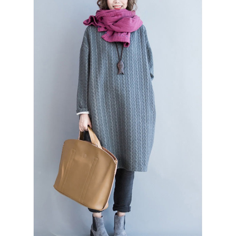 Grey Pockets Thick Cotton Dress O Neck Long Sleeve