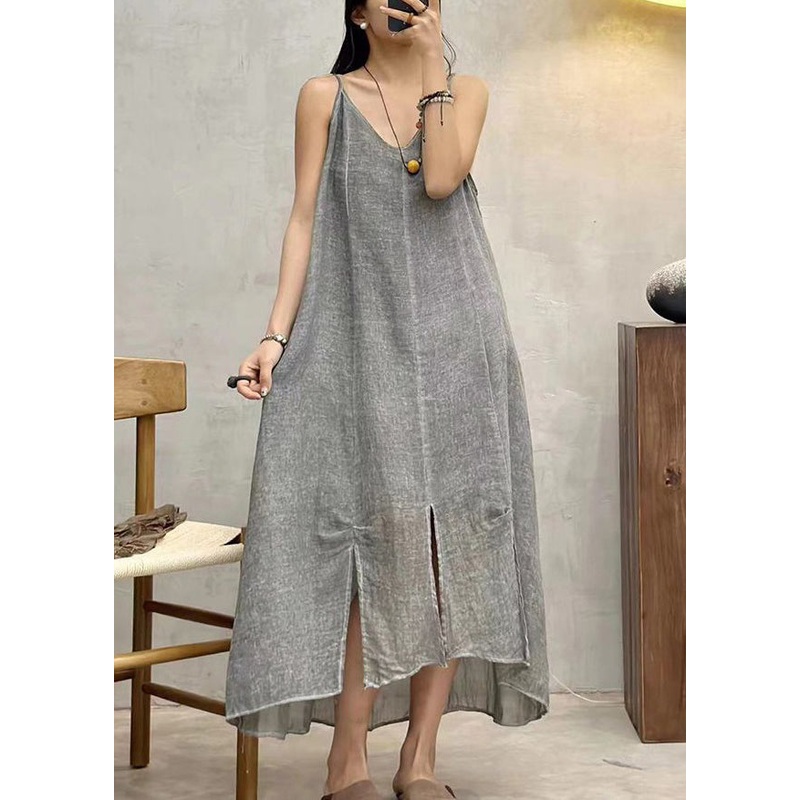 Grey Side Open Linen Spaghetti Strap Dress V Neck Summer