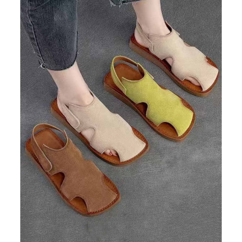 Handmade Beige Cowhide Leather Splicing Walking Sandals Hollow Out
