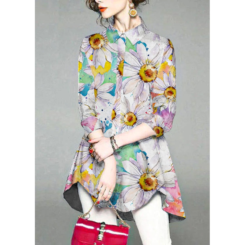 Handmade White flower Peter Pan Collar Embroidered Asymmetrical Design Cotton Long Shirt Half Sleeve