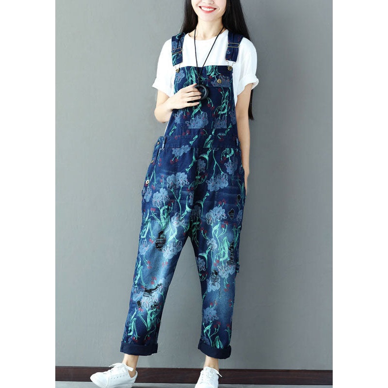 Italian Navy Print Cotton Denim Jumpsuits Ripped Jeans Spring